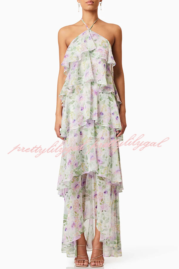 Cocktail Party Sheer Floral Georgette Halter Flowy Tiered Maxi Dress
