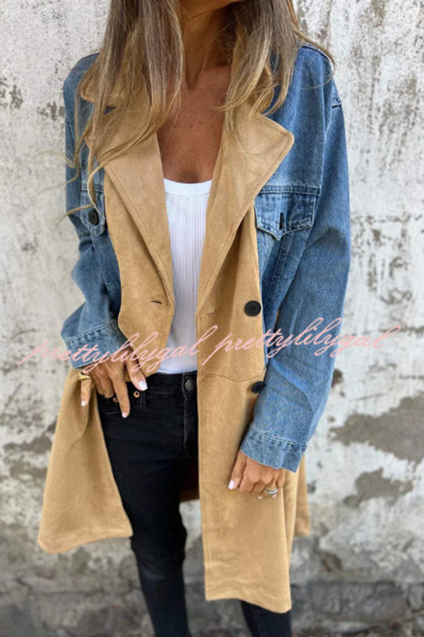 Fashion Lapel Long Sleeve Pocket Mid-length Denim Patchwork Jacket