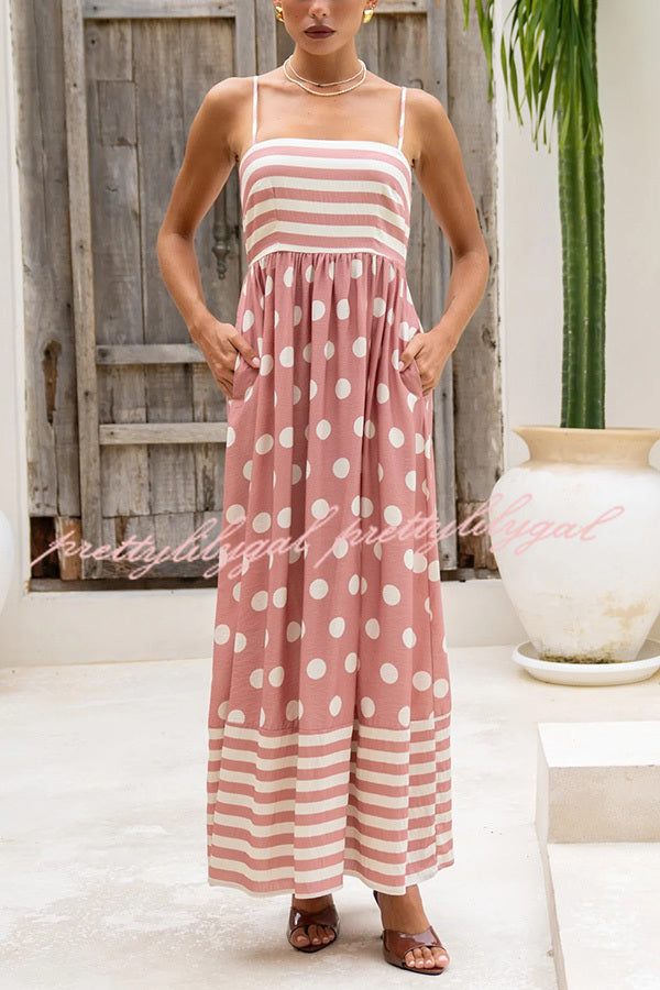 Striped Polka-dot Print Sling Pleated Open-back Maxi Dress