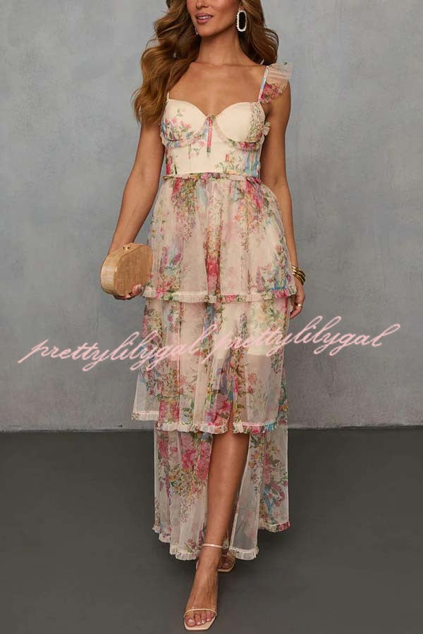 Romantic and Elegant Mesh Floral Back Smocked Tiered Ruffle Maxi Dress