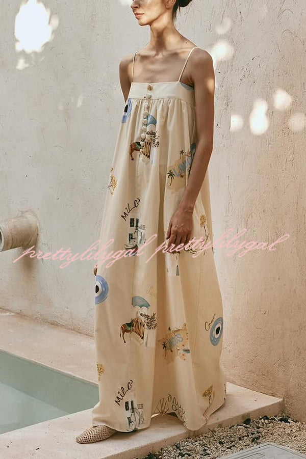 Linen Blend Sling Backless Loose Holiday Maxi Dress