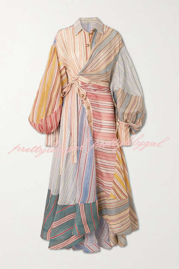 rainbow linen dress Rainbow Linen Blend Patchwork Striped Button Balloon Sleeve Wrap Shir   roschic