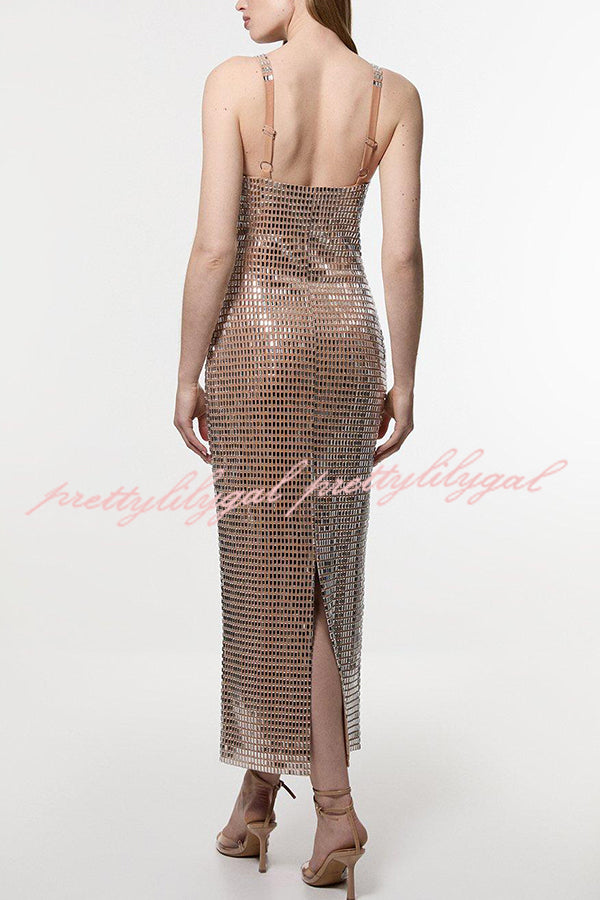 Dazzling Entrance Premium Crystal Embellished Jersey Slit Midi Dress