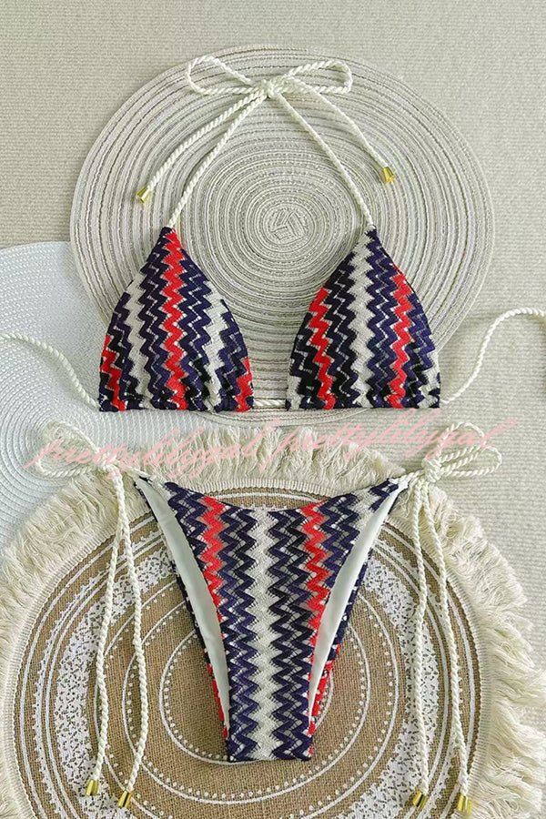 Knit Wave Unique Print Stretch Tie Bikini Swimsuit