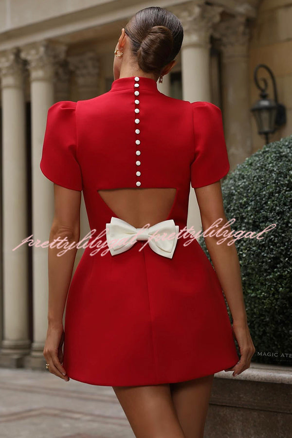 Sweet Moment Slit Short Sleeve Backless Removable Satin Bow Mini Dress