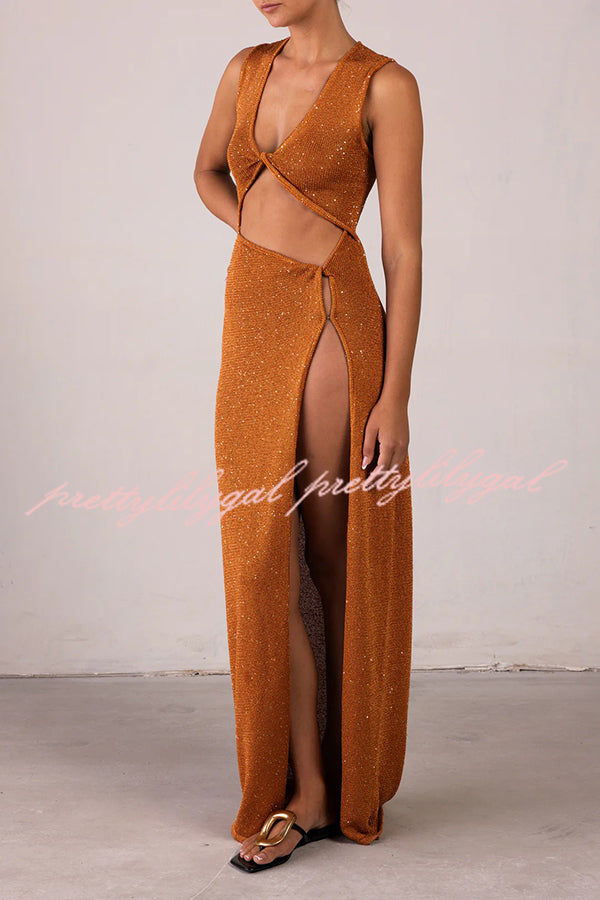 Beautiful Figure Shiny Knit Fabric Cutout Side Slit Stretch Vacation Maxi Dress