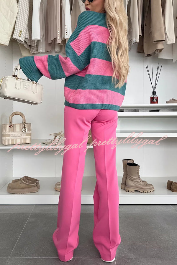 Fashion Contrast Striped Casual V-neck Long-sleeved Knitted Cardigan