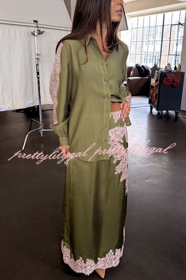 Eye-catching Work Contrast Color Satin Lace Trim Mid Rise Maxi Skirt