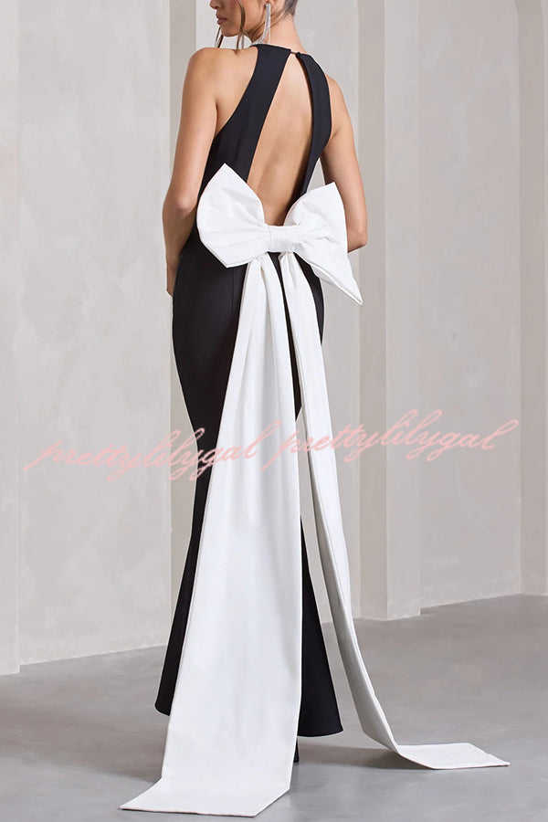 Statement Chic Racer Neck Back Oversized Bow Hem Backless Maxi Dress