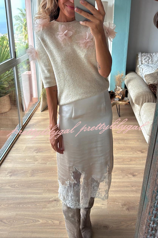 Lola Satin Lace Trim High Rise Side Zipper Loose Midi Skirt