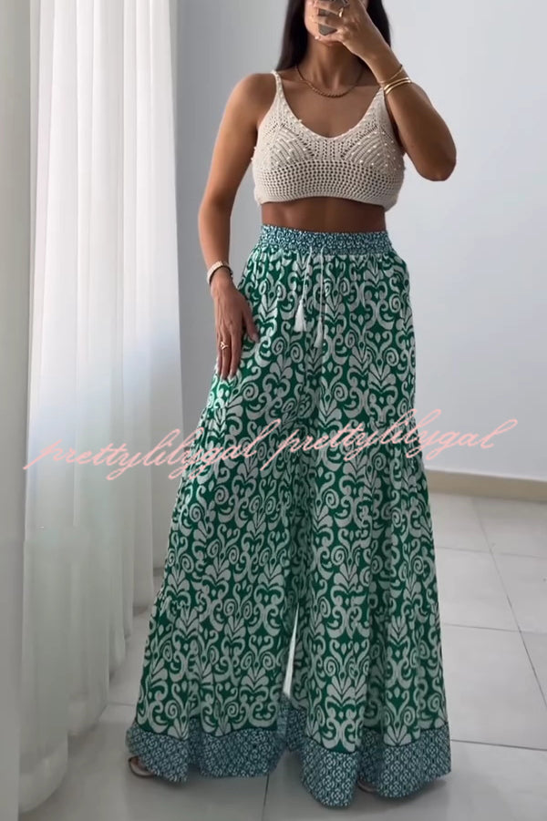 Unique Print Elastic High Waist Tie Pocket Wide Leg Pants