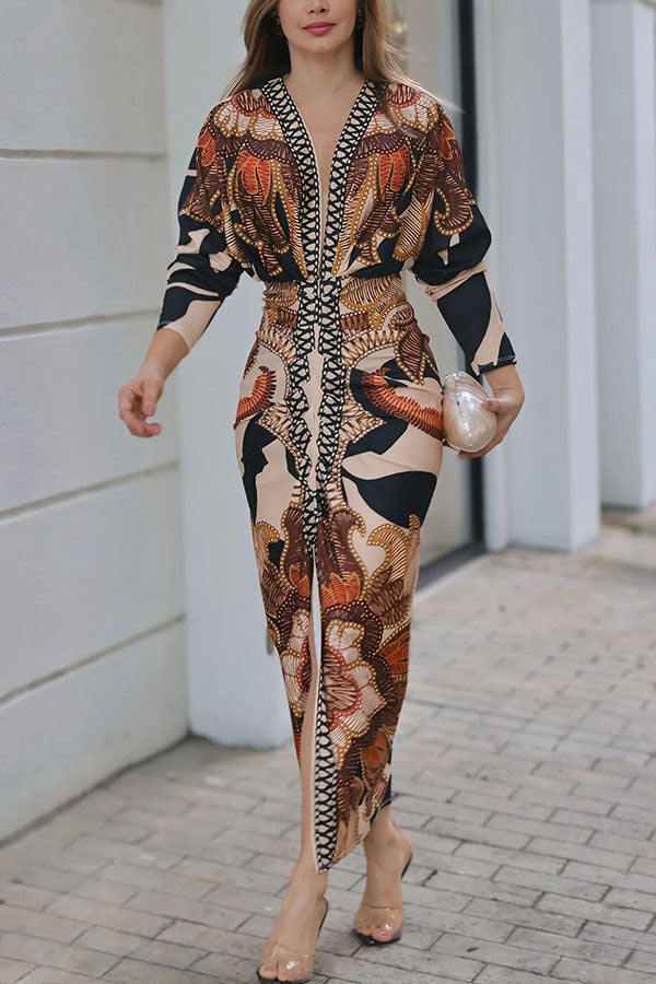 Verra Unique Print Dolman Long Sleeve Ruched Slit Midi Dress