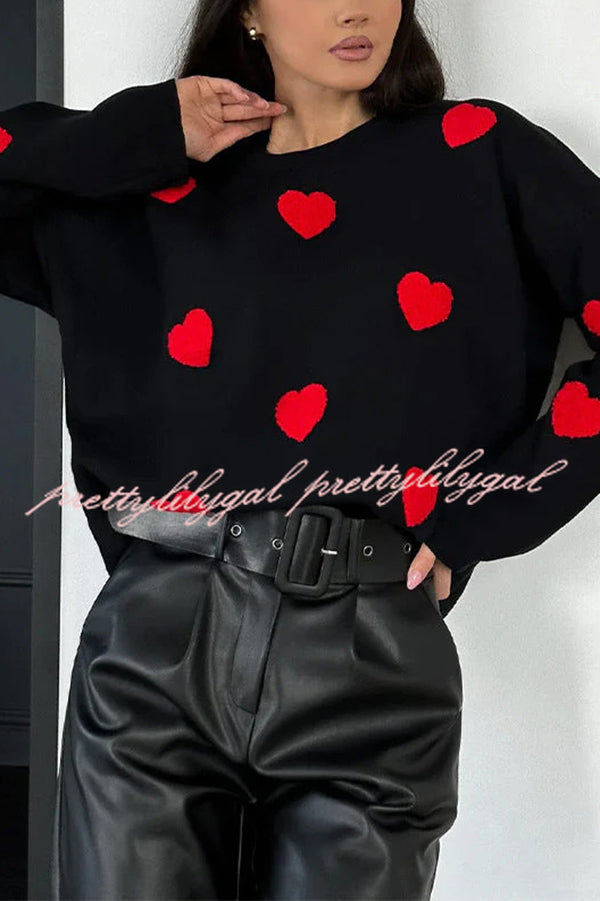 Fashionable Embroidered Love Loose Round Neck Long Sleeve Knitted Sweater