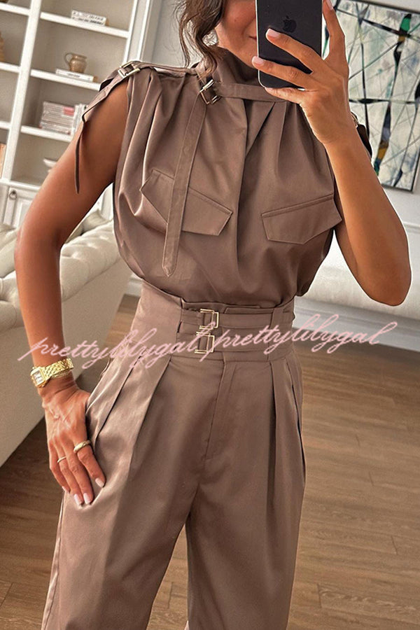 Statement Breast Pocket High Neck Top and Side Pocket Belt Long Pant Set