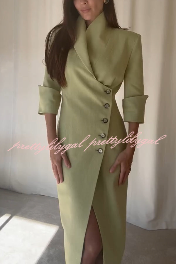 Elegant Look Linen Blend Stand Lapel Neck Half Sleeve Side Button Midi Dress