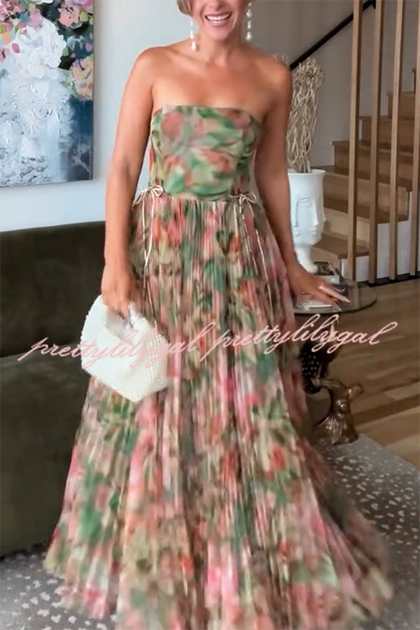 Romantic Factor Pleated Mesh Watercolor Print Bow Detail Strapless Maxi Dress
