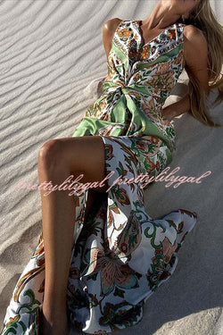 Gaia Satin Unique Paisley Print Central Twist Knot Detail Slit Maxi Dress