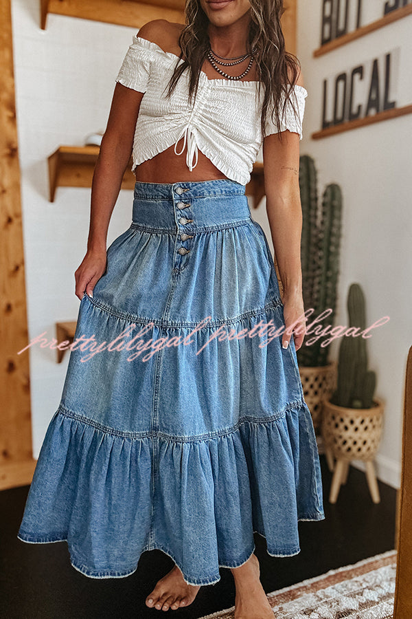 Bohemian High Rise Button Up Loose Denim Pocket Maxi Skirt