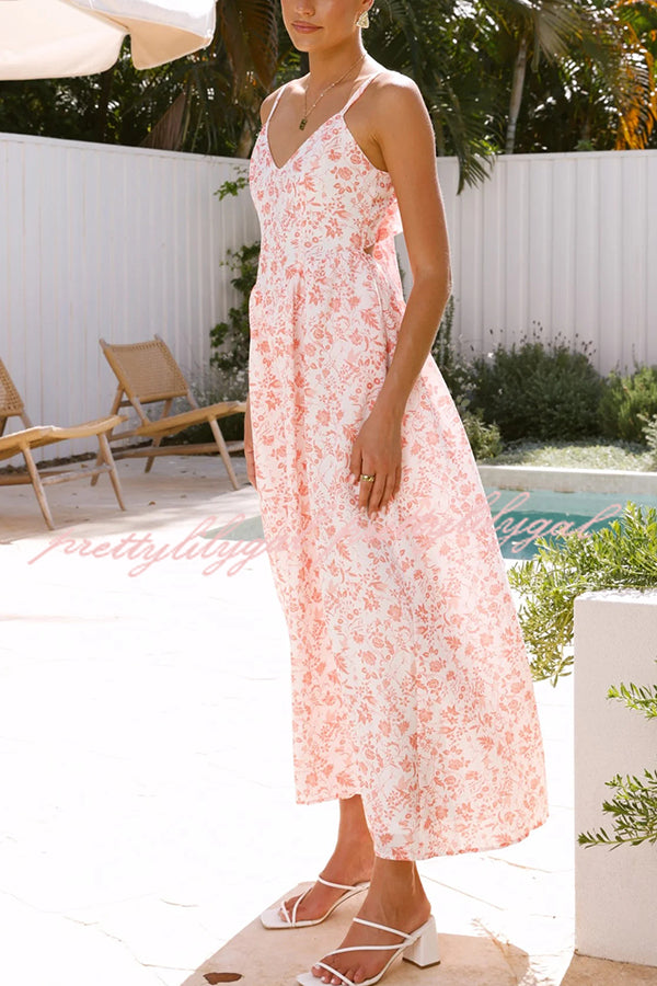 Floral Print V-Neck Sleeveless Back Tie Pocket Maxi Dress