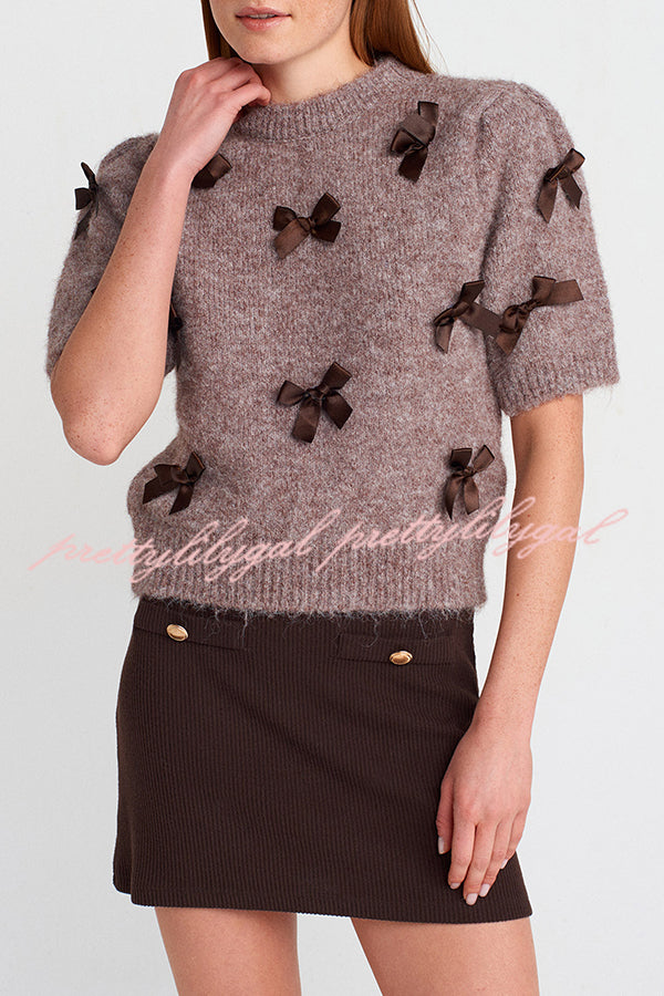 Jensin Knit Satin Bow Detail Short Sleeve Crop Sweater