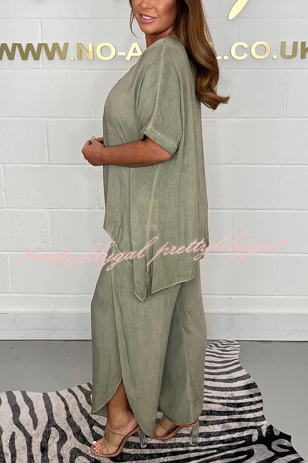 Greyson Flowy Loose Blouse and Elastic Waist Slit Pants Set