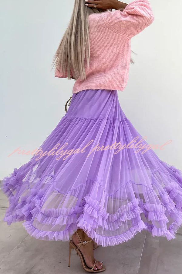 Elegant Tulle Stretch Waist Paneled Pleated Maxi Skirt