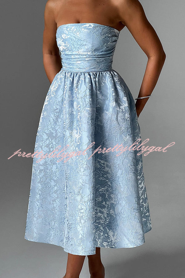 Jacquard Fabric Strapless Open Back Elegant Slim Midi Dress
