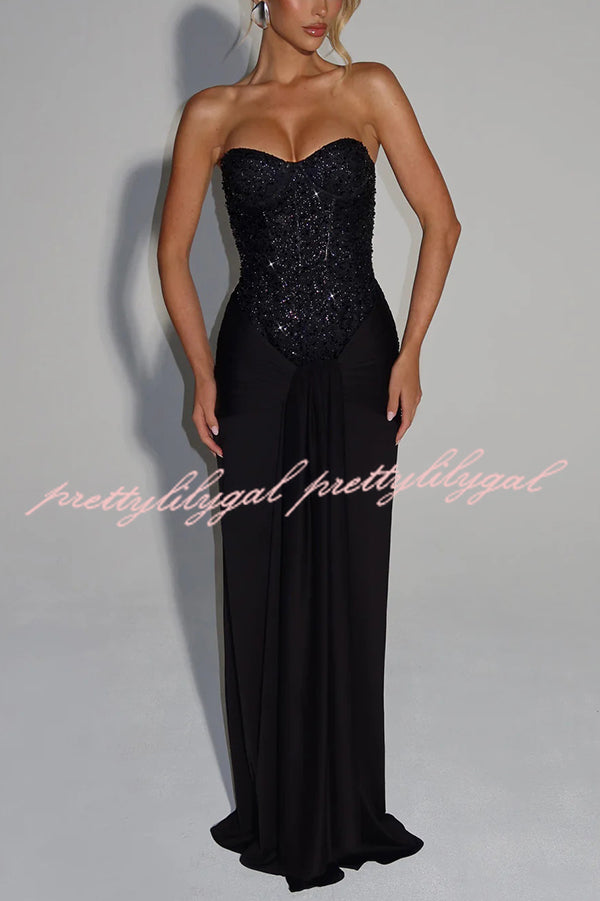 Carina Sequined and Satin Jersey Off Shoulder Ruched Knot Drape Maxi Dress