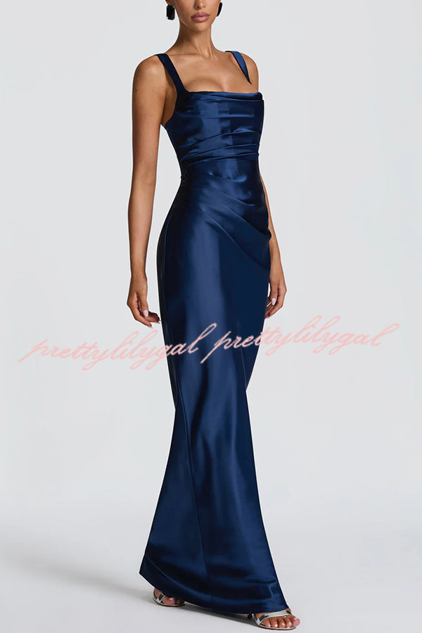 Calanthe Satin Square Neck Ruched Back Lace-up Drape Mesh Scarf Maxi Dress