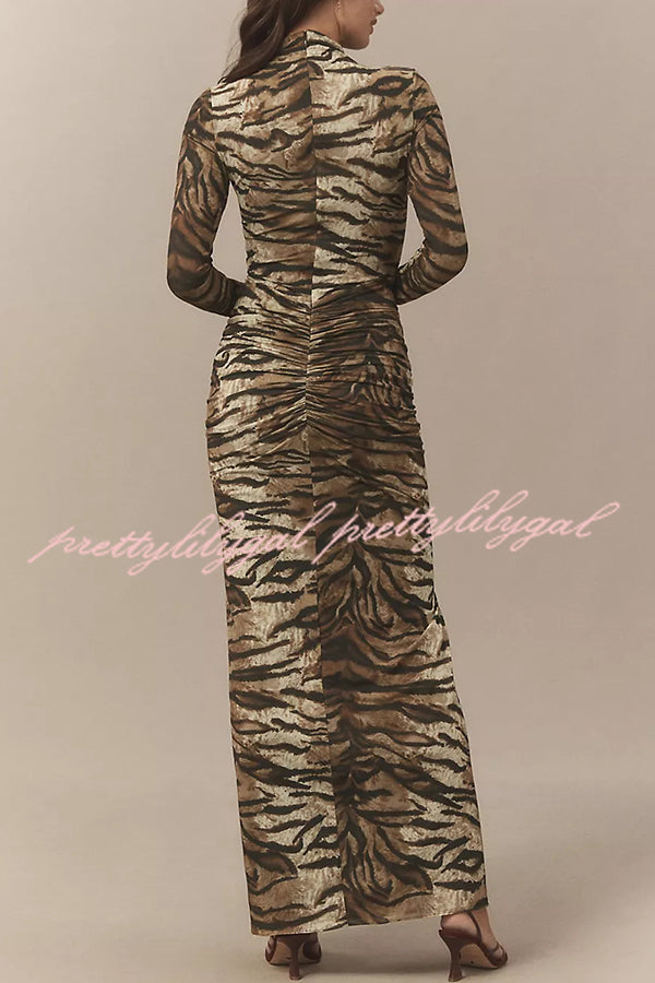 Winston Animal Print High-neck Long Sleeve Ruched Hip Stretch Maxi Dress
