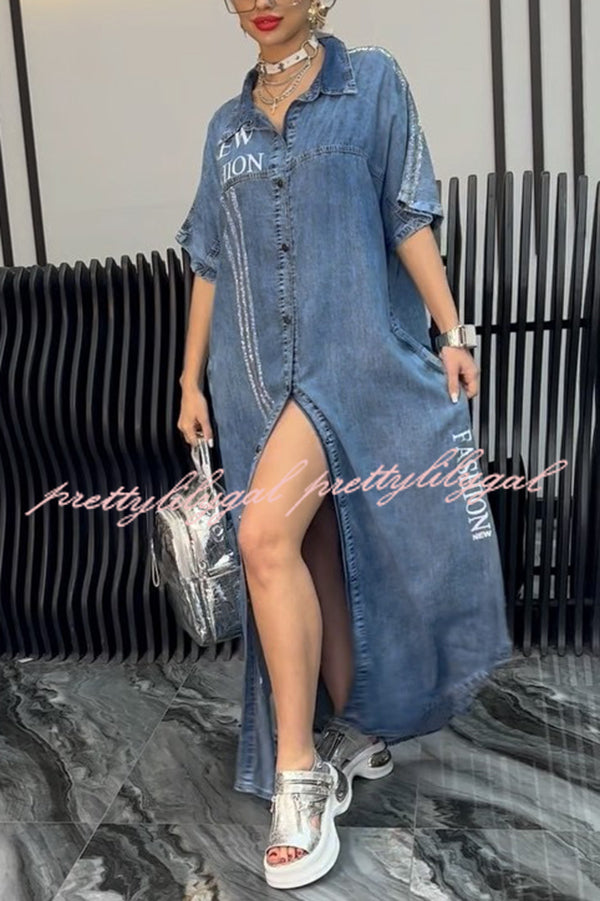 Fashion Letter Print Lapel Cardigan Loose Maxi Dress