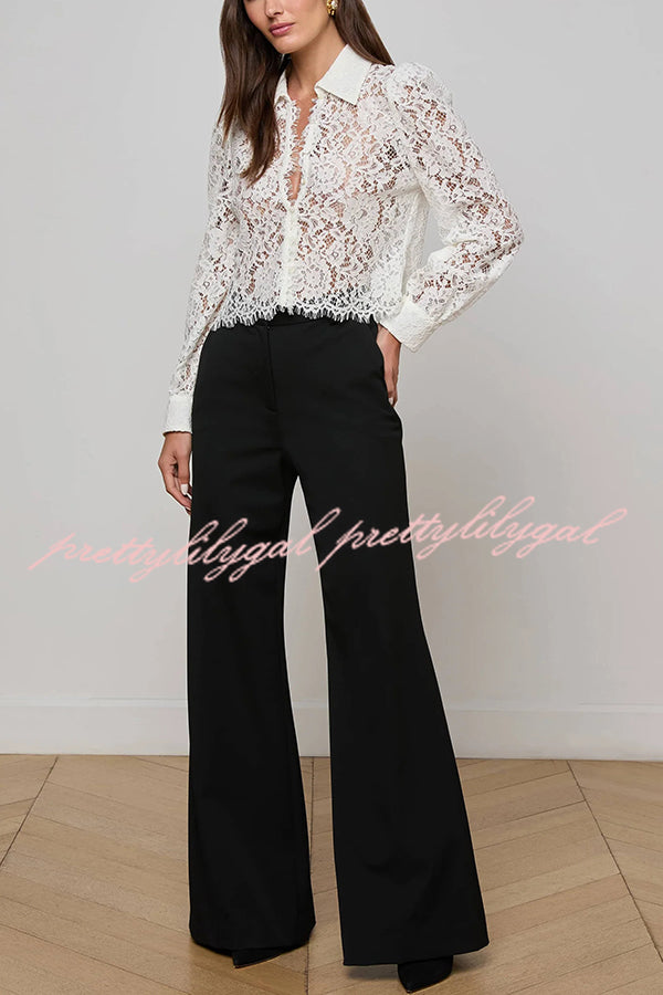 Paris Trends Floral Lace Puff Shoulder  Button Long Sleeve Blouse
