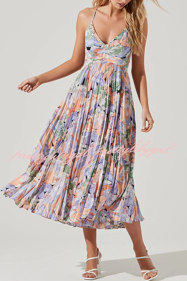 Wedding Party Season Floral Print Pleated Back Tie-up Midi Dress