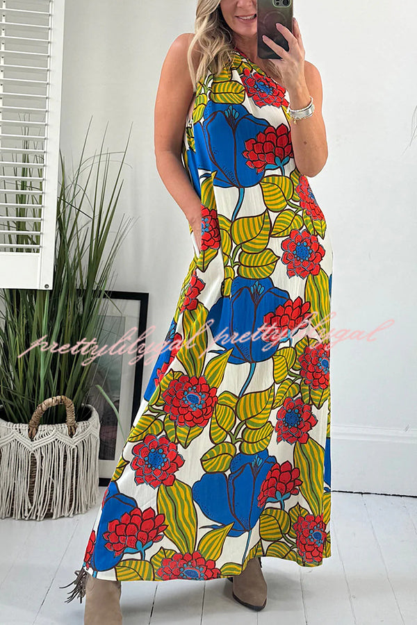 Floral Unique Printed One Shoulder Pocketed Loose Maxi Dress