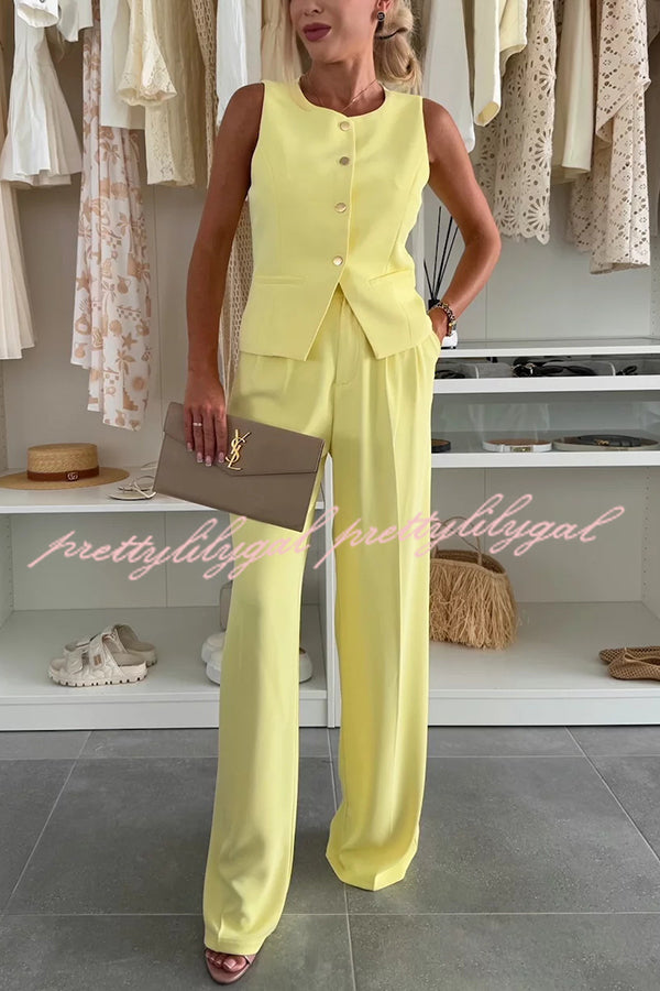 Workplace Chic Sleeveless Button Vest and Relaxed Pocket Wide Leg Pants Set