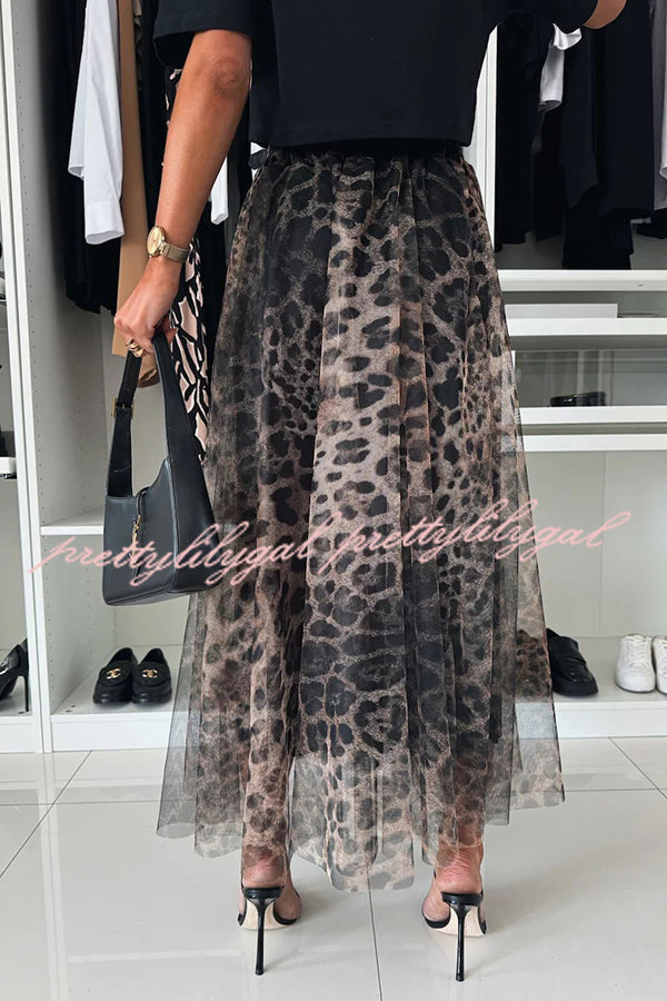 Autumn Jungle Tulle Leopard Print Elastic Waist A-line Maxi Skirt