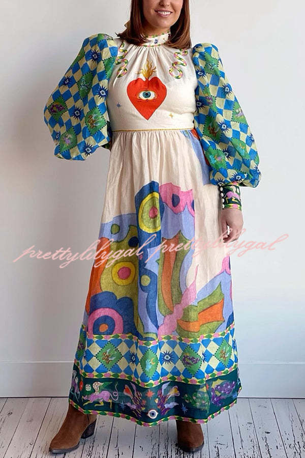 Dear To My Heart Unique Print Lantern Sleeve A-line Midi Dress