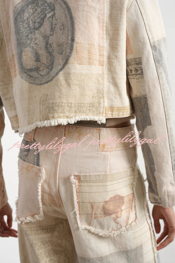 Historic Imagery Unique Print High Rise Pocketed Wide Leg Jeans