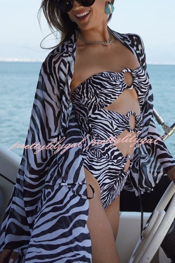 Marsie Zebra-print Ring Cutout Details Off Shoulder Stretch One-Piece Swimsuit