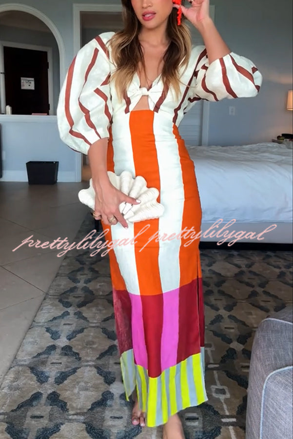 Kaya Linen Blend Color Block Print Front Cutout Knot Puff Sleeve Maxi Dress