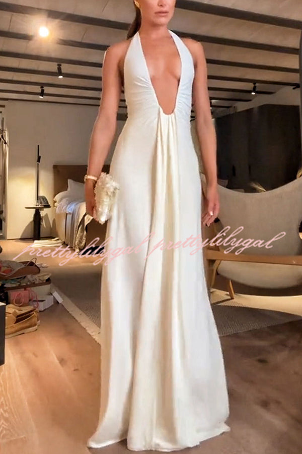 Sexy Silhouette Deep U-neck Halter Waterfall Sash Drape Maxi Dress