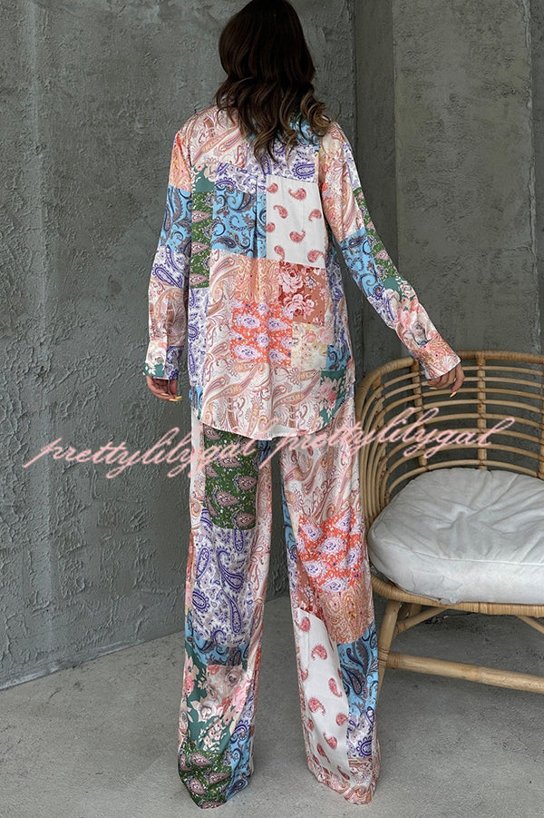 Unique Ethnic Print Long-sleeved Shirt and Elastic Waist Pants Set