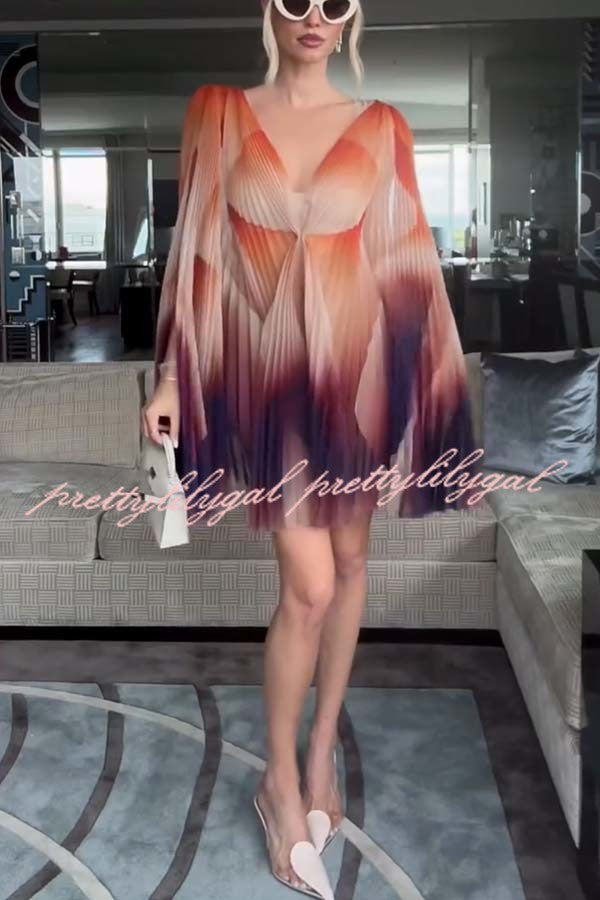 Like A Butterfly Pleated Unique Print Slit Bell Sleeve A-line Mini Dress