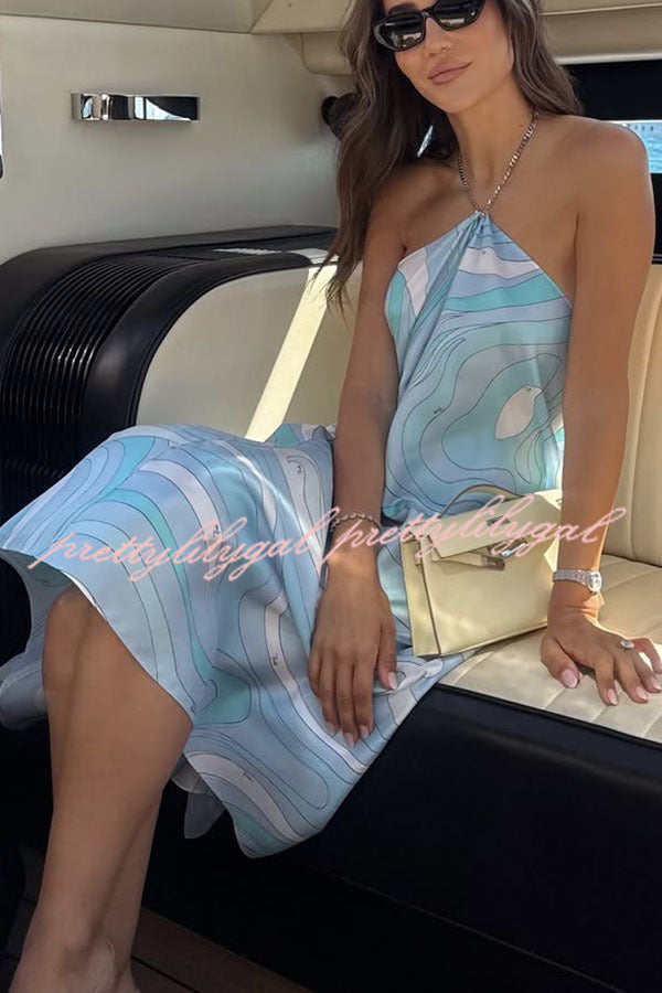 Elmhurst Satin Unique Print Chain Halter Draped Scarf Midi Dress