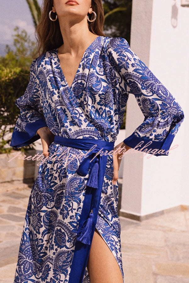 Greek Island Satin Unique Floral Print Tassel Belted Wrap Maxi Dress