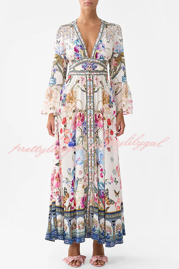 Fairy Tale Print V-Neck Lantern Sleeve Waist Maxi Dress