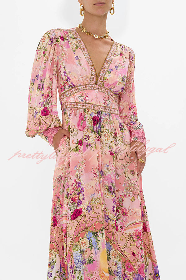 Fairy Tale Print V-Neck Lantern Sleeve Waist Maxi Dress