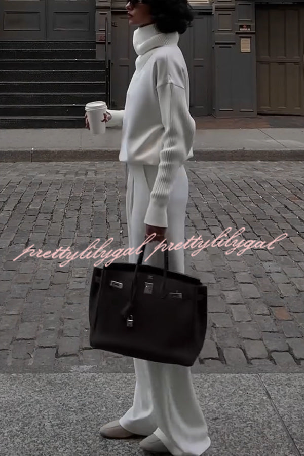 Morning Coffee Walks Ribbed Turtleneck Long Sleeve Sweatshirt and Elastic Waist Pocketed Loose Pants Set