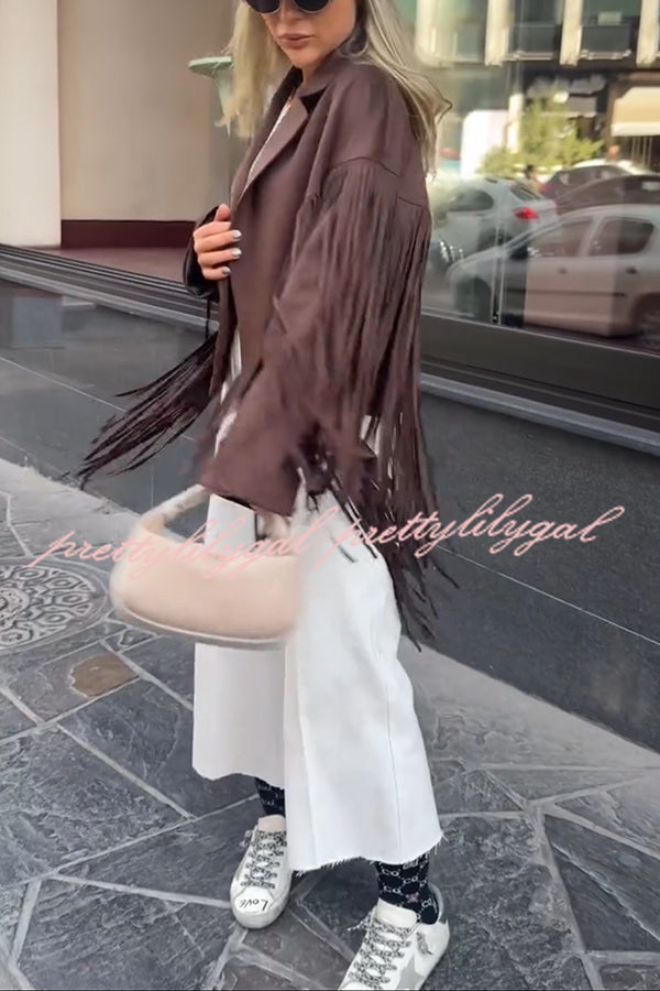 Western City Suede Long Tassels Long Sleeve Lapel Relaxed Jacket