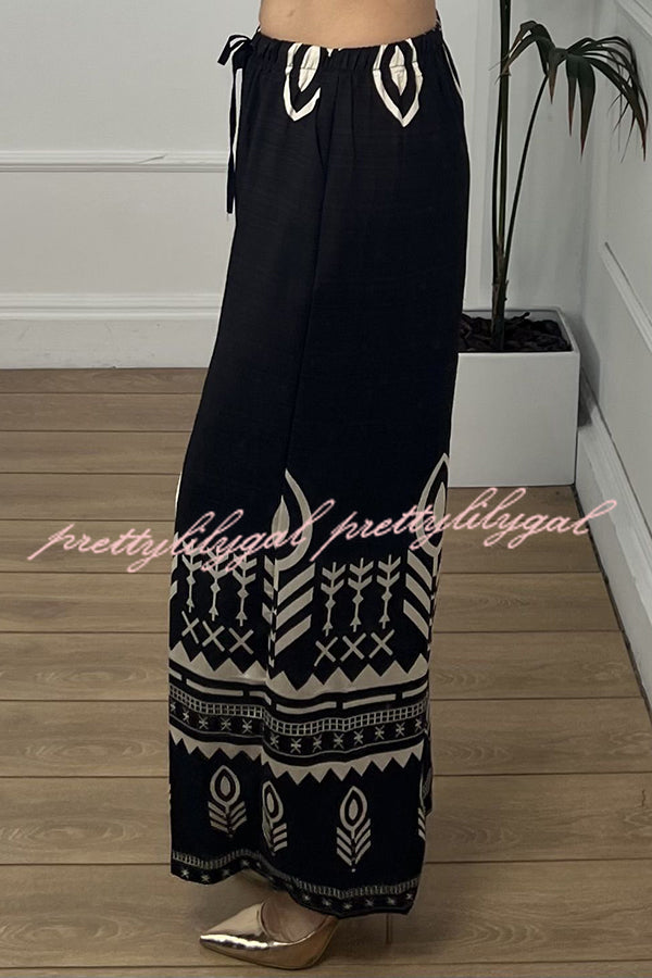 Unique Print Elastic Waist Casual Pocket Wide Leg Pants